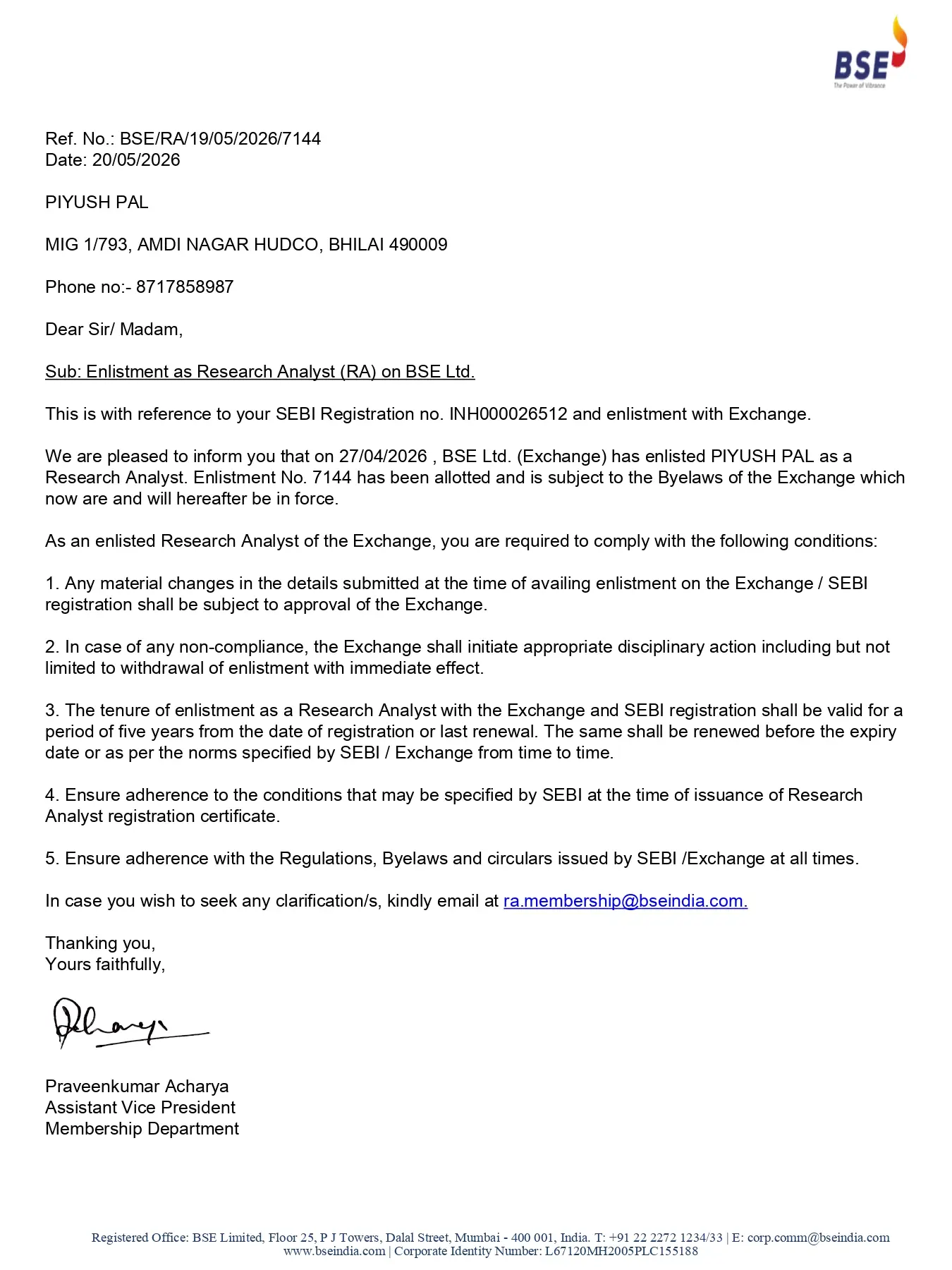 BSE Enlistment Letter